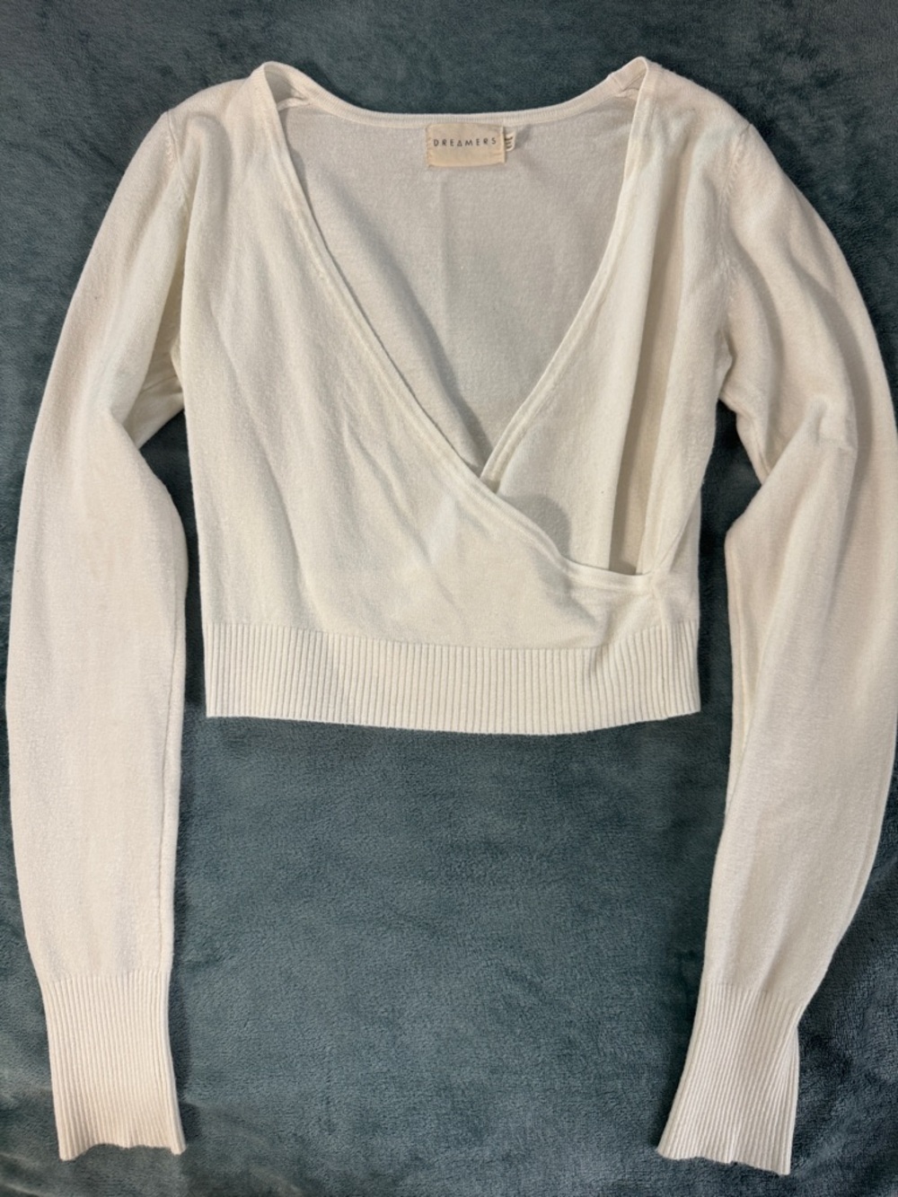Dreamers Ivory Wrap-Front Cropped V-Neck Sweater